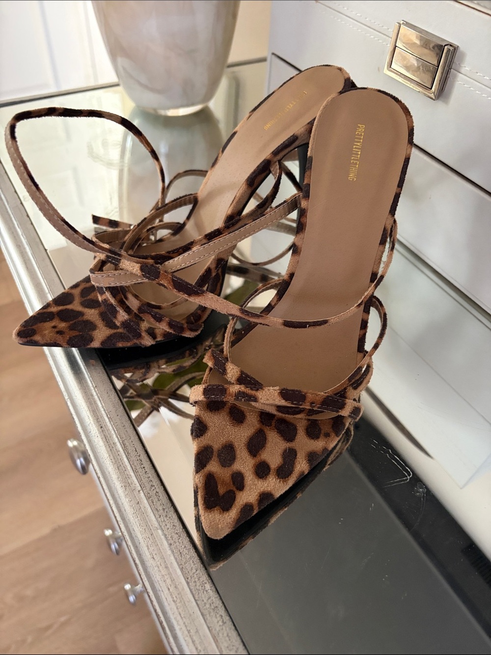PrettyLittleThing Leopard Print Strappy Pointed Heels in Brown